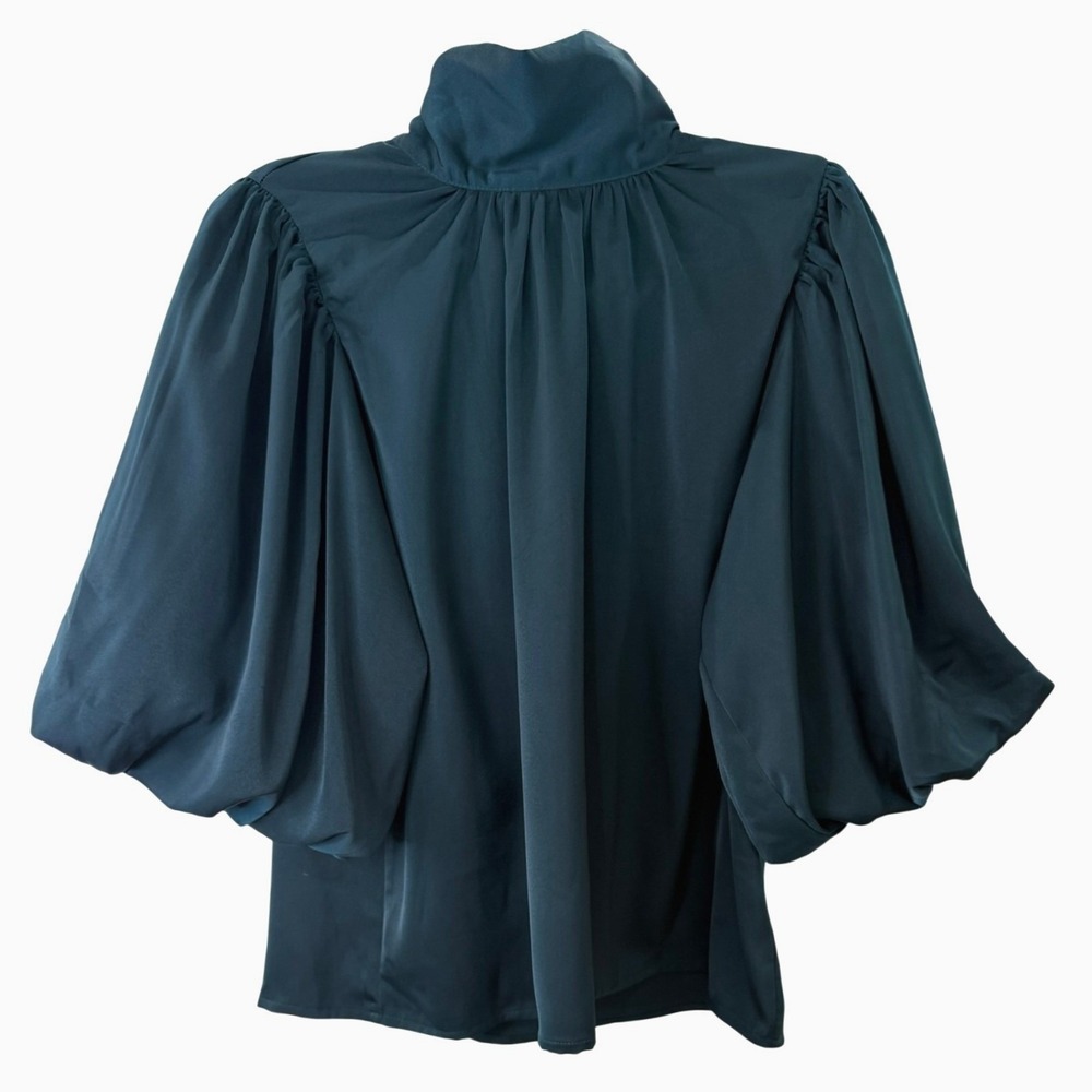 Entro Women's Back Bow Blouse Teal Green Balloon Sleeve Satin Blouse Small